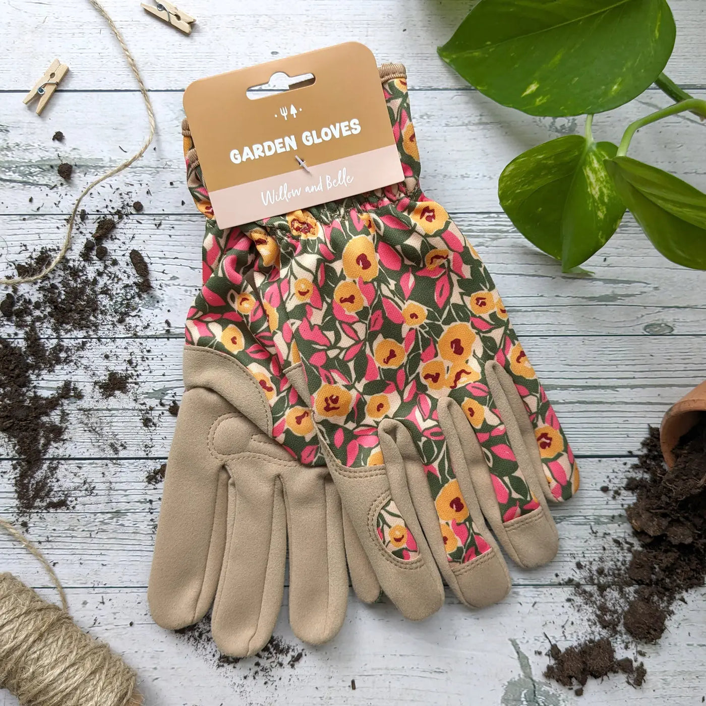 Willow & Bell | Willow & Belle Gardening Gloves - Mustard And Pink Flowers