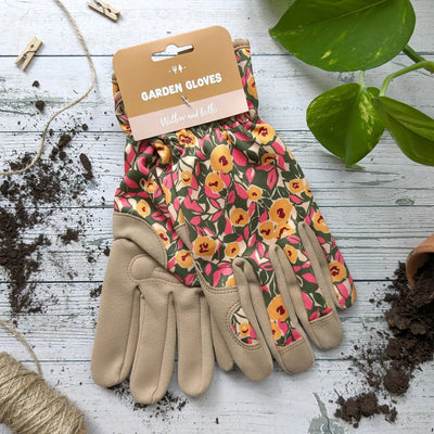 Willow & Bell | Willow & Belle Gardening Gloves - Mustard And Pink Flowers