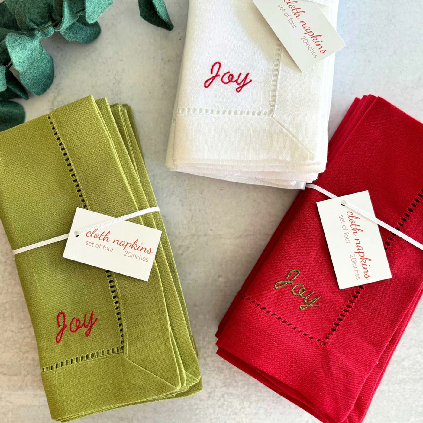 Dot & Army | Festive Words Hemstitch Cloth Napkins, set of four - Green