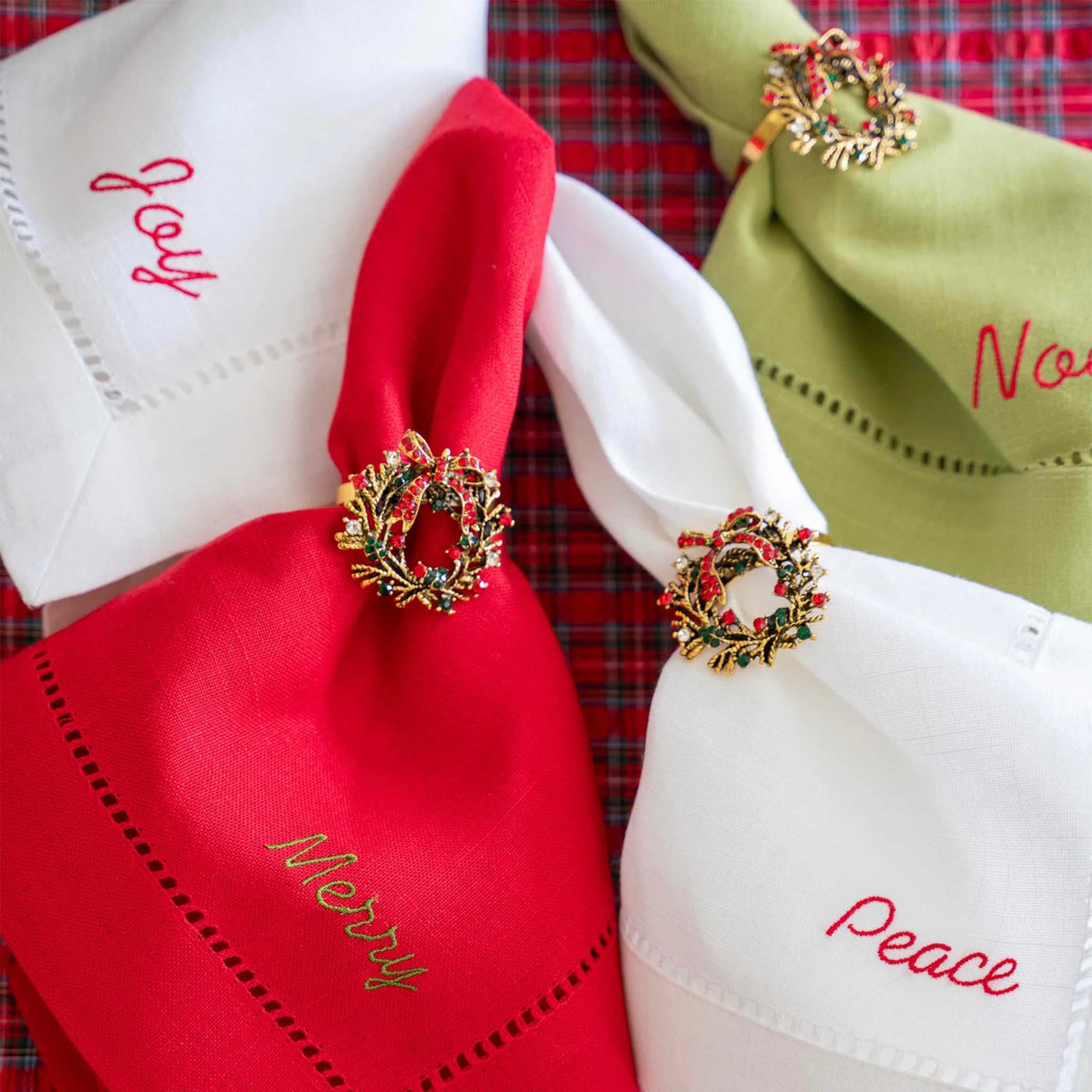 Dot & Army | Festive Words Hemstitch Cloth Napkins, set of four - Green