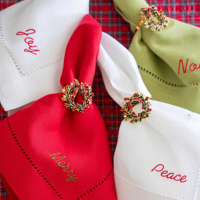 Dot & Army | Festive Words Hemstitch Cloth Napkins, set of four - Green