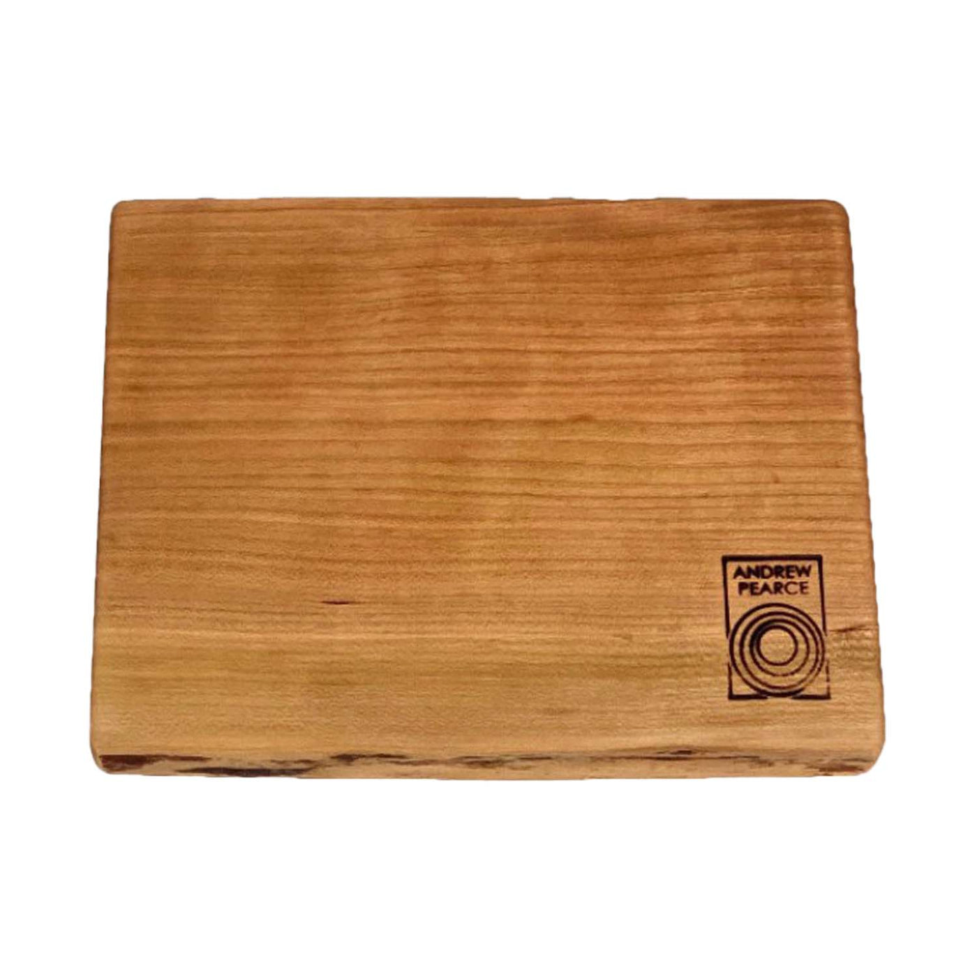 wooden square cutting board with andrew pearce logo in lower right corner