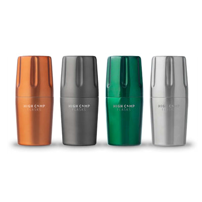 Four high camp flasks colored orange, gray, green and white
