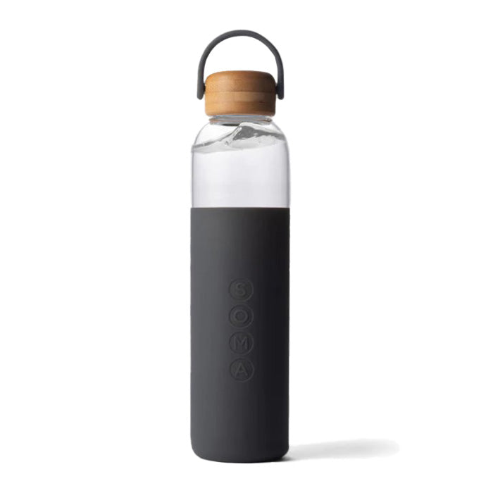 glass water bottle with charcoal grip