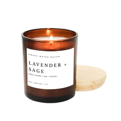 lavender and sage scented 11 ounce candle in an amber container