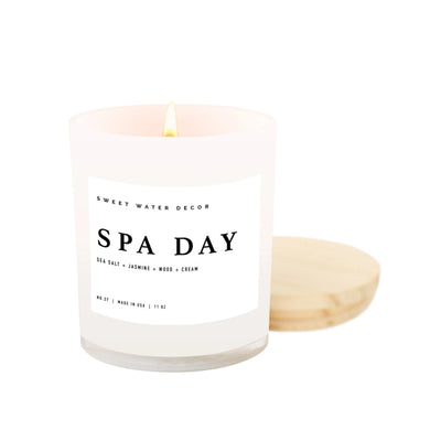 White 11 oz candle called spa day